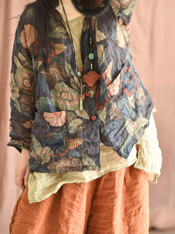 女性春ヴィンテージフラワープリントボタン薄いラミーシャツ