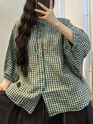 女性カジュアルチェック柄ボタンバットウィングスリーブルーズリネンシャツ