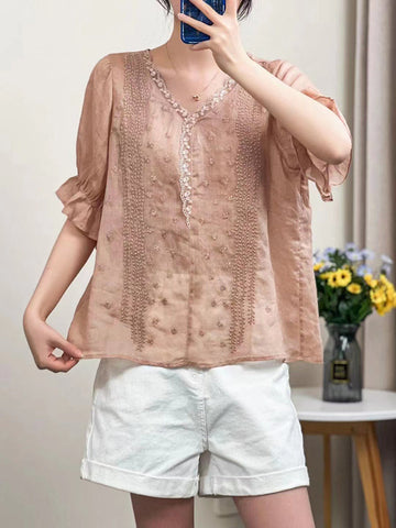 女性ヴィンテージ刺繍レース編み襟ルーズシャツ
