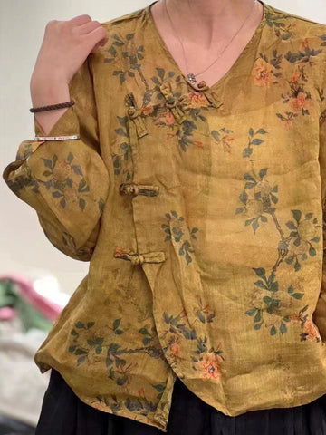 女性レトロフラワー不規則なカエルルーズカーディガンシャツ