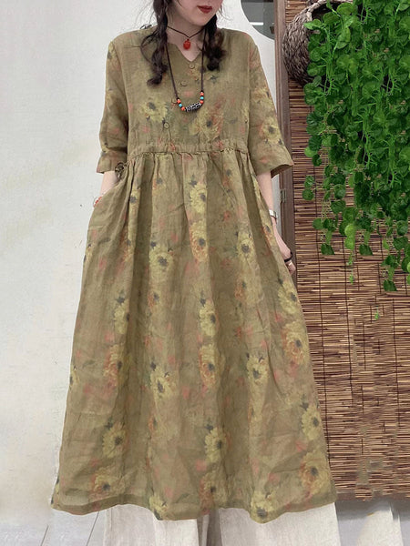 女性夏の芸術的な花ボタン巾着ラミードレス