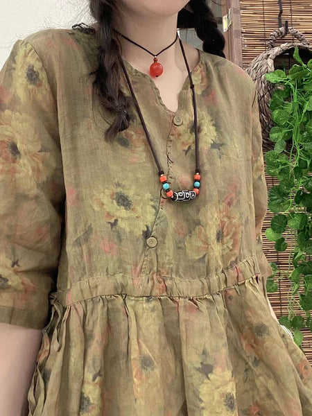 女性夏の芸術的な花ボタン巾着ラミードレス