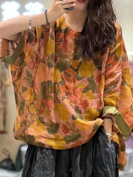 女性のレトロな幾何学的なフラワープリントルーズロングラミーシャツ