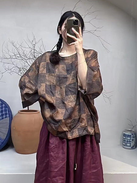 女性のレトロな幾何学的なフラワープリントルーズロングラミーシャツ