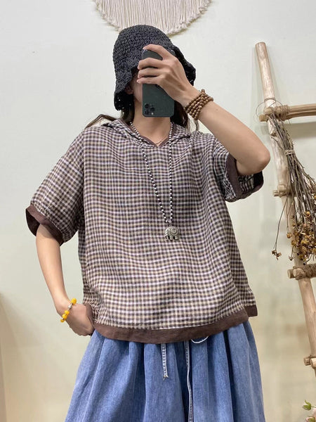 女性カジュアルチェック柄スプライシングルーズリネンフード付きシャツ