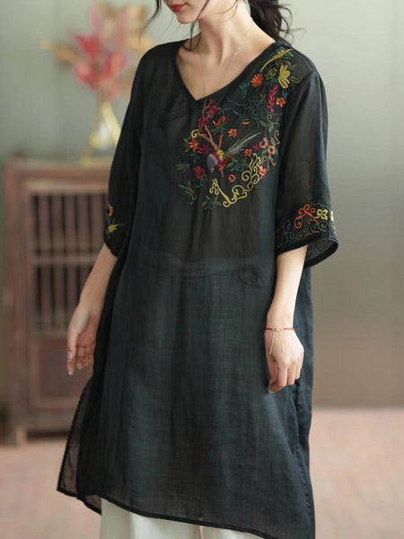 女性ヴィンテージ夏の刺繍 V ネックルーズドレス