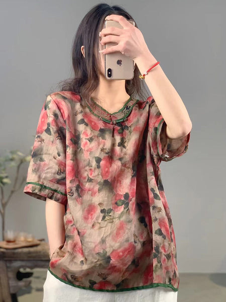 女性夏の芸術的なフラワーボタンルーズラミーシャツ