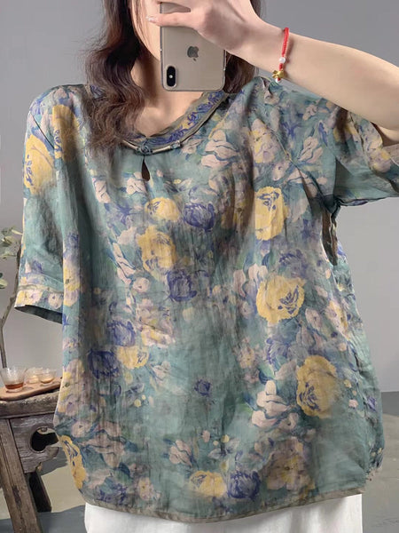 女性夏の芸術的なフラワーボタンルーズラミーシャツ