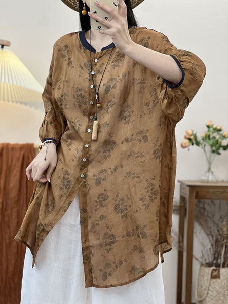 女性夏ヴィンテージ リーフ ボタン ロング ラミー シャツ