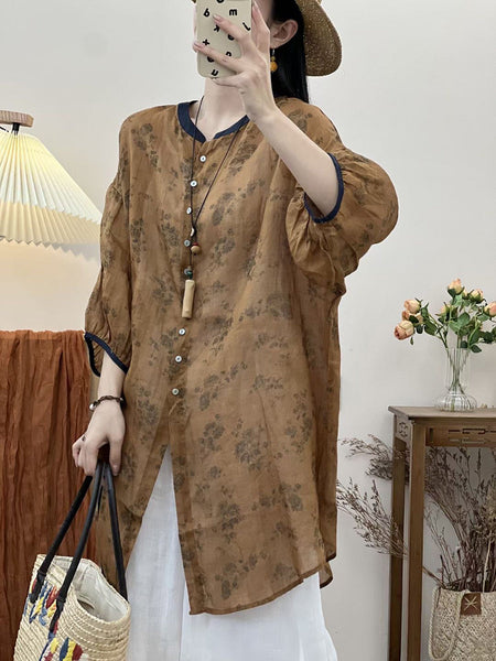 女性夏ヴィンテージ リーフ ボタン ロング ラミー シャツ