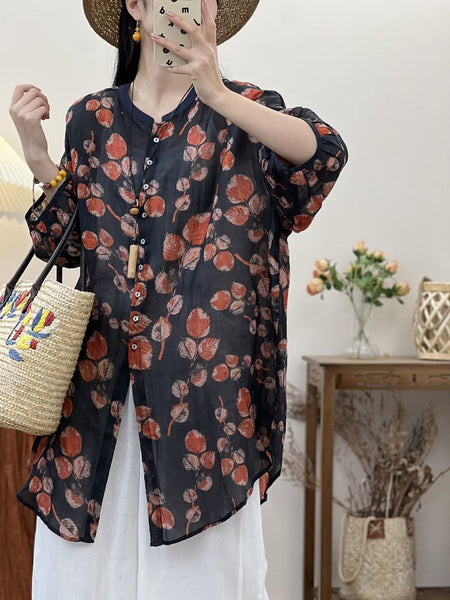 女性夏ヴィンテージ リーフ ボタン ロング ラミー シャツ
