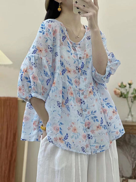女性夏のフラワーボタンプリーツルーズシャツ