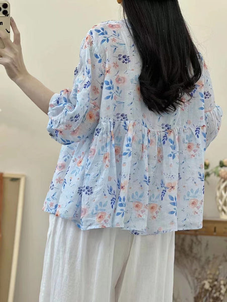 女性夏のフラワーボタンプリーツルーズシャツ