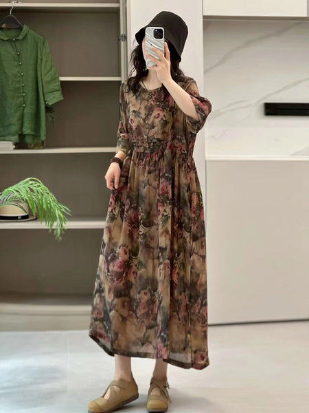 女性のレトロな花柄プリーツボタン巾着ルーズドレス