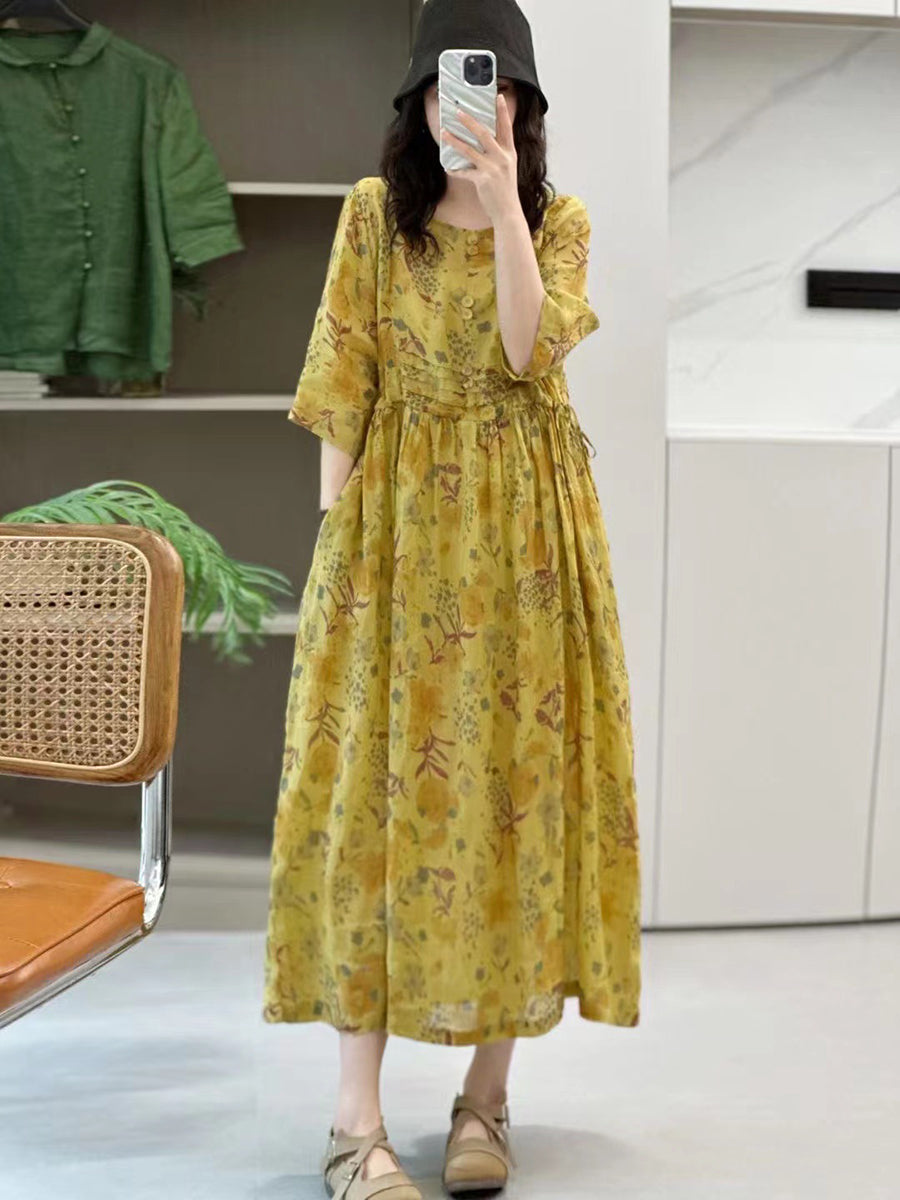 女性のレトロな花柄プリーツボタン巾着ルーズドレス
