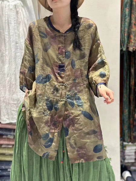 女性レトロサマーリーフボタンステッチロングシャツ
