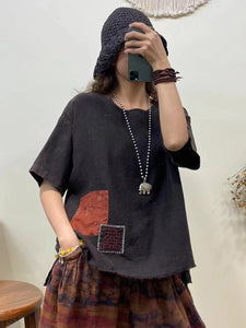 女性カジュアルサマーパッチ刺繍ローエッジシャツ