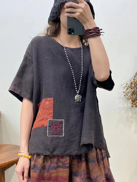 女性カジュアルサマーパッチ刺繍ローエッジシャツ