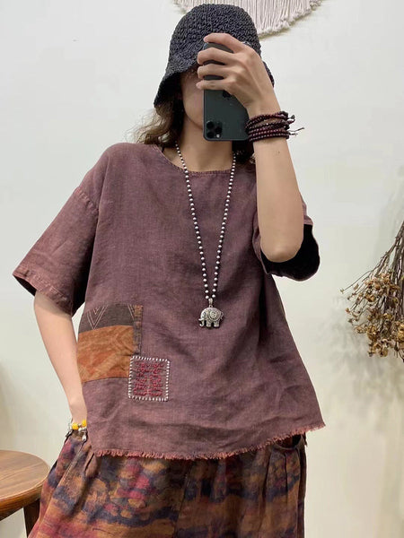 女性カジュアルサマーパッチ刺繍ローエッジシャツ