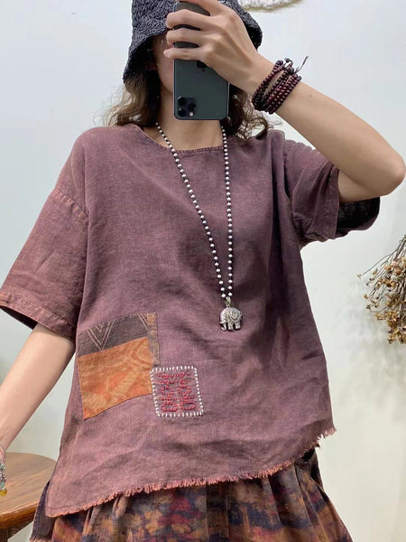 女性カジュアルサマーパッチ刺繍ローエッジシャツ