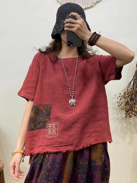 女性カジュアルサマーパッチ刺繍ローエッジシャツ