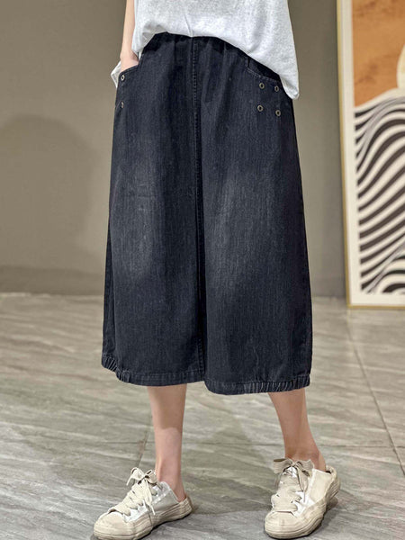 女性の夏のカジュアルソリッドポケットスプリットヘムデニムスカート