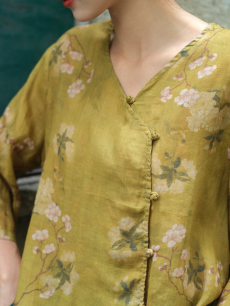 女性夏のヴィンテージフラワーボタン V ネックラミーシャツ