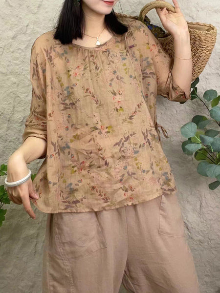 女性夏の芸術的な花柄巾着ラ​​ミー シャツ