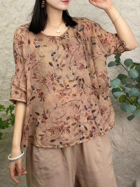 女性夏の芸術的な花柄巾着ラ​​ミー シャツ