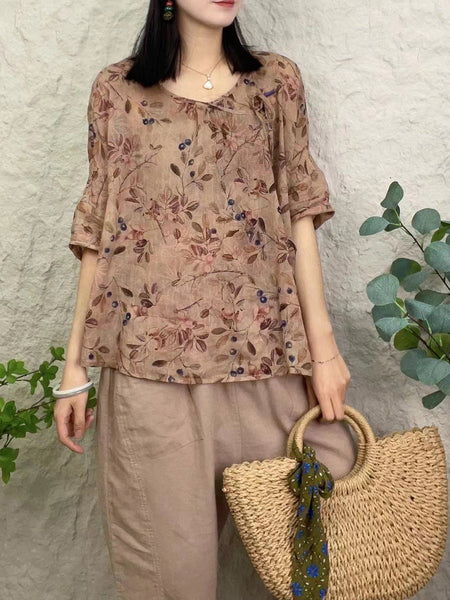 女性夏の芸術的な花柄巾着ラ​​ミー シャツ