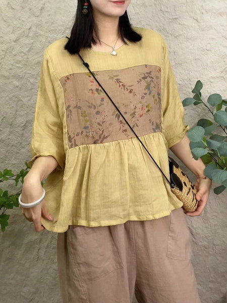 女性ヴィンテージフラワーパッチスプライスプリーツルーズシャツ