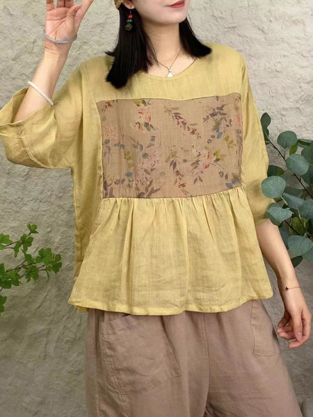女性ヴィンテージフラワーパッチスプライスプリーツルーズシャツ