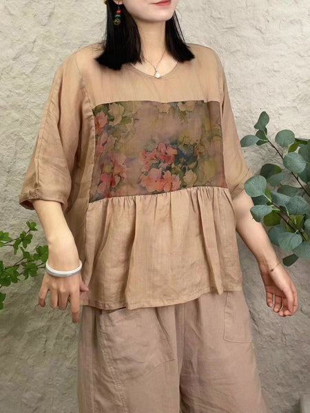 女性ヴィンテージフラワーパッチスプライスプリーツルーズシャツ