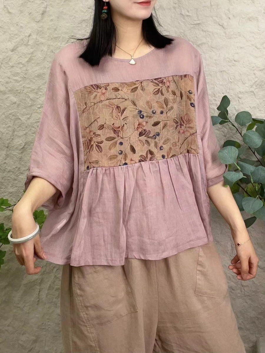 女性ヴィンテージフラワーパッチスプライスプリーツルーズシャツ