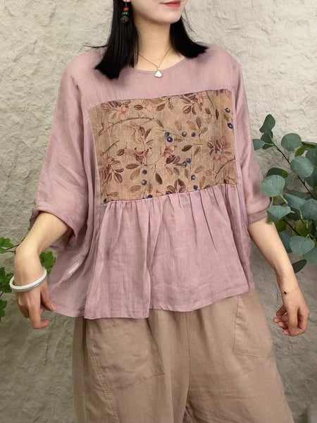 女性ヴィンテージフラワーパッチスプライスプリーツルーズシャツ
