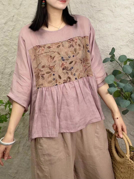 女性ヴィンテージフラワーパッチスプライスプリーツルーズシャツ