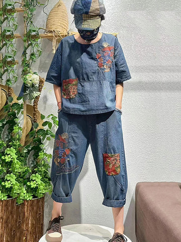 女性レトロパッチスプライシング刺繍デニムシャツ+パンツ