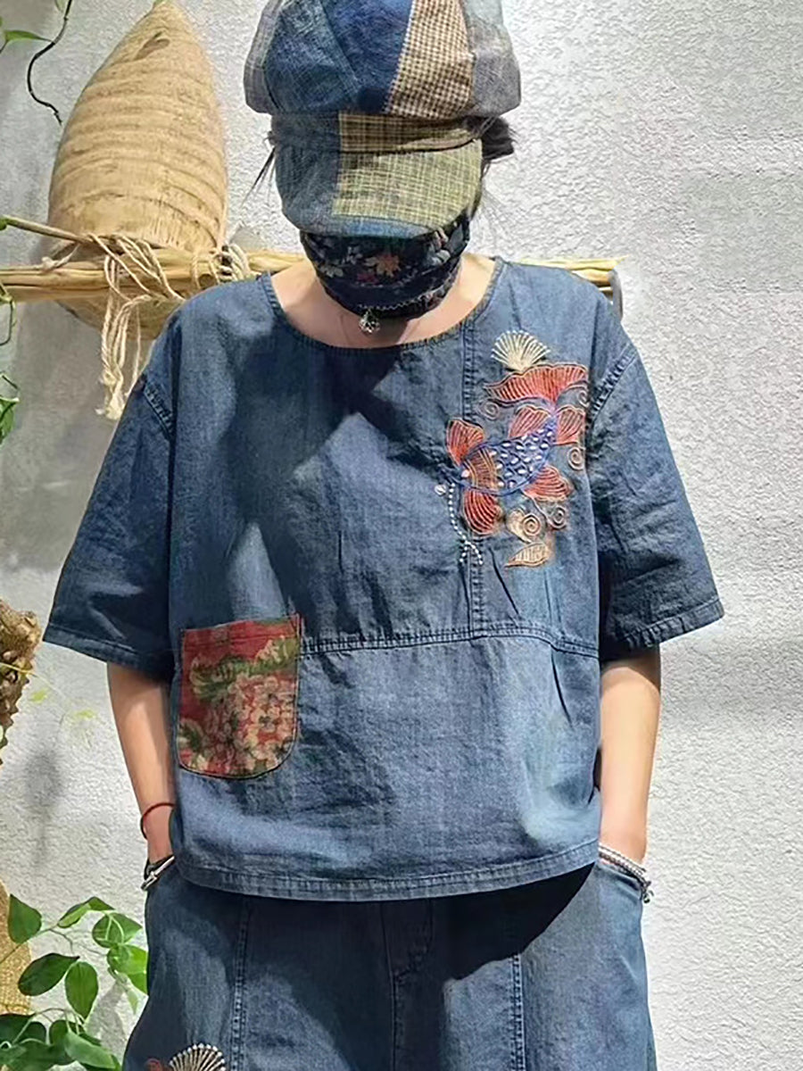 女性レトロパッチスプライシング刺繍デニムシャツ+パンツ