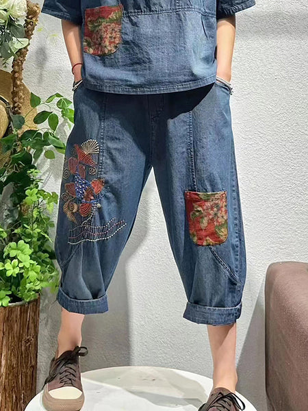 女性レトロパッチスプライシング刺繍デニムシャツ+パンツ