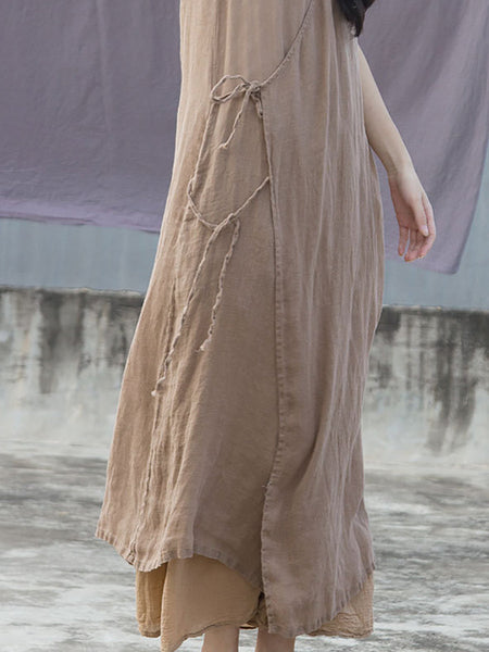女性の夏のエスニック巾着斜め閉鎖リネンベストドレス