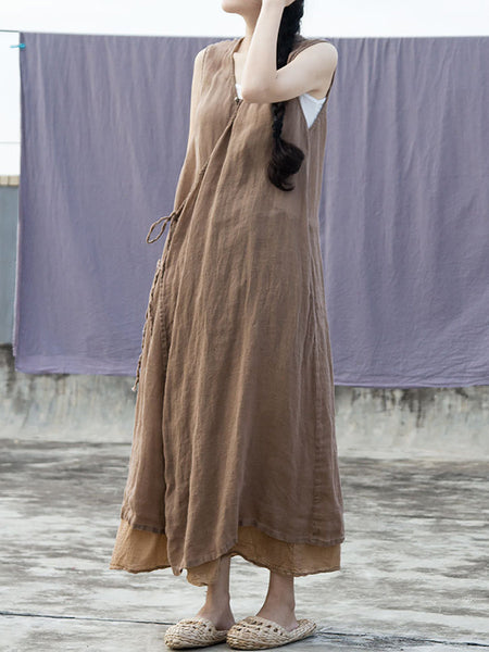 女性の夏のエスニック巾着斜め閉鎖リネンベストドレス