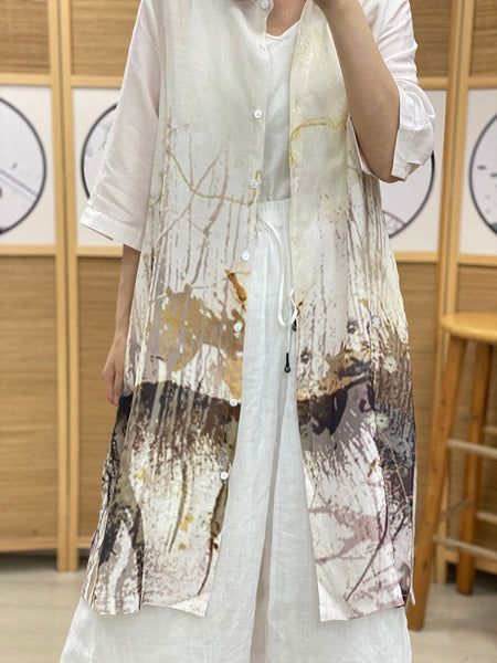 女性夏の芸術的なインクプリントボタンロングルーズシャツ