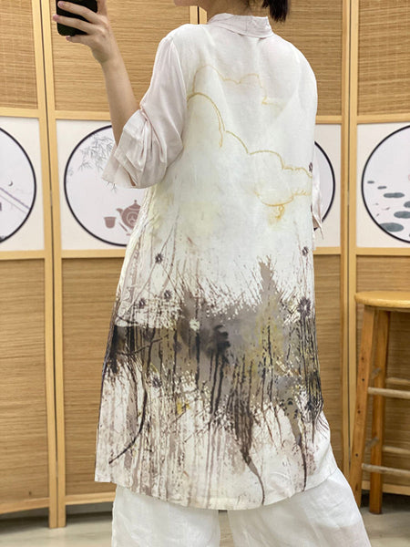 女性夏の芸術的なインクプリントボタンロングルーズシャツ