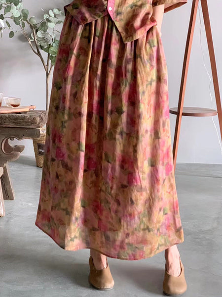 女性の夏の芸術的な花ボタン V ネック シャツ + スカート
