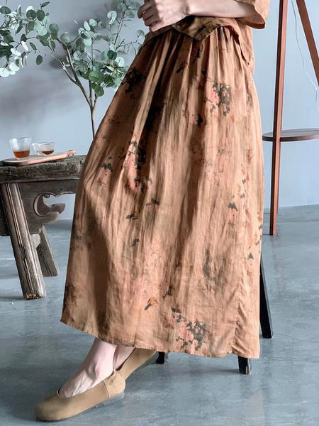 女性の夏の芸術的な花ボタン V ネック シャツ + スカート