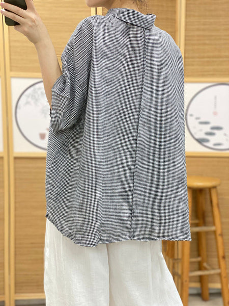 レディースヴィンテージ格子スプライシングポケットボタンTシャツ