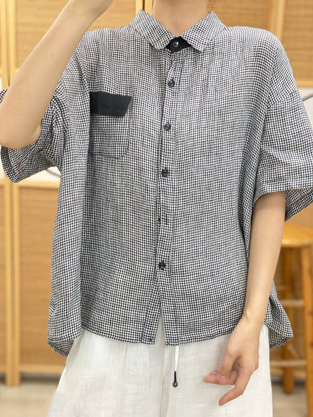 レディースヴィンテージ格子スプライシングポケットボタンTシャツ