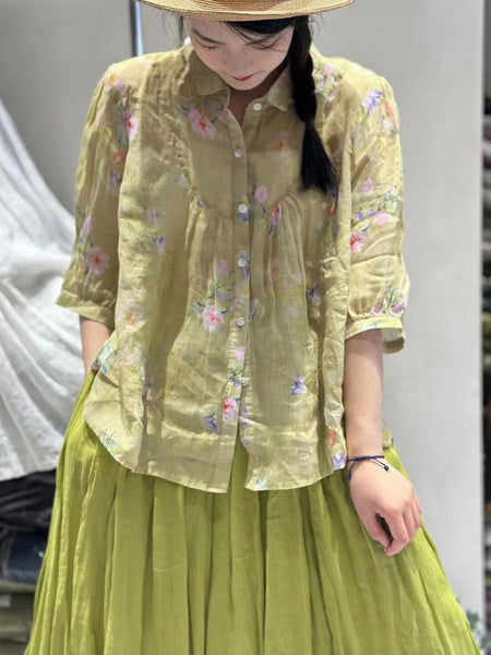 女性夏芸術家気フラワーステッチターンダウンカラーシャツ