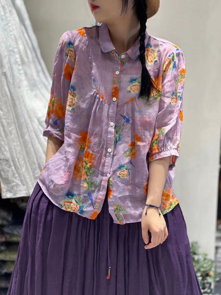 女性夏芸術家気フラワーステッチターンダウンカラーシャツ