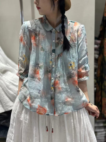 女性夏芸術家気フラワーステッチターンダウンカラーシャツ